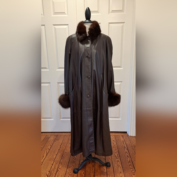 Genuine leather real fur trim full length coat by Santagostino - Picture 1 of 16